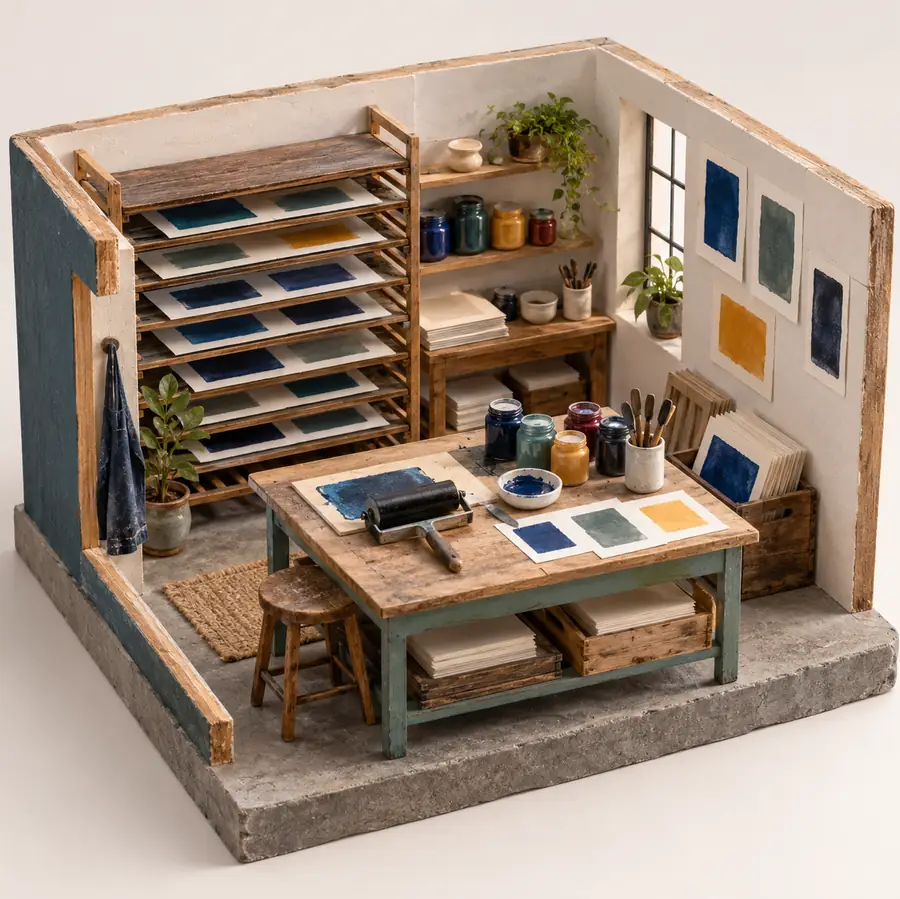 Illustration of print businesses equipment and workspace